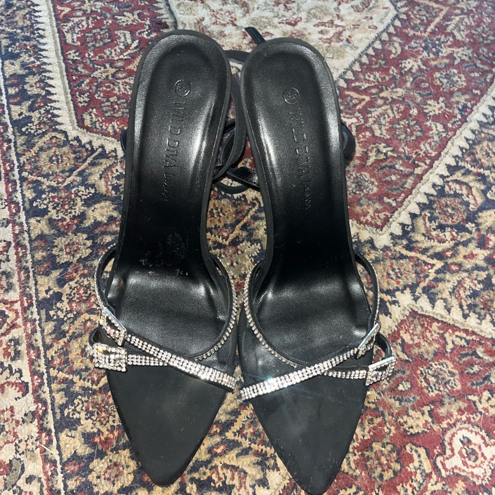 Wild Diva Black Heels with Silver Rhinestone Straps